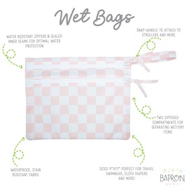 BapronBaby Pink Checkerboard Wet Dry Bag - Waterproof Two Zipper Pocket - Reusable for Mealtime, Diapers, Stroller, Snacks, Swimsuits - Machine Washable - 11" x 9"