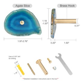 4 Pcs Unique Agate Blue Coat Hooks - Wall Mounted Decorative Hooks with Brass Finish - Holds Hats, Bags, Curtains