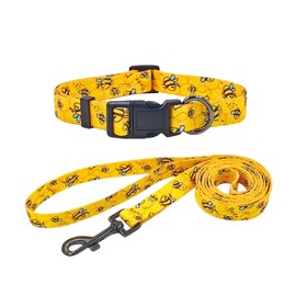 Ovale Dog Collar Leash Combo Set, Adjustable Collar and 5 ft Matching Leash, for Medium Dogs.(M, Yellow Bee)