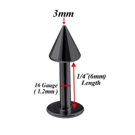 bodyjewellery 6pcs 16g Labret Stud Lip Ring Cartilage Tragus Snakebite Monroe Triple Forward Helix Conch Medusa Lobe Black Spike - 6mm