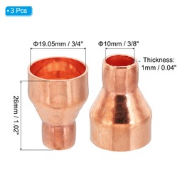 PATIKIL 3/4" to 3/8" ID Copper Reducer, 3pcs 99.9% Pure Copper Reducing Coupling Pressure Fitting Pipe Tube Connector Adapter with Sweat Solder Connection
