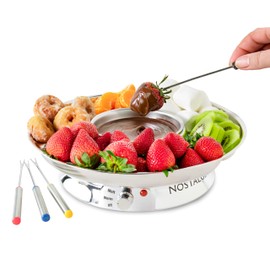 Nostalgia 10-Ounce Deluxe Stainless Steel Electric Fondue Party Set for Melted Chocolate, Cheese, or Sauce, with Detachable Food Tray, Variable Temperature Control and 4 Color Coded Dipping Forks