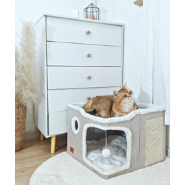 Spindro Large Cat Cave Bed for Indoor Cats, Cats Cube House with Scratch Pad Cat Condo Hideaway Tente Hut with Washable Sherpa Warm Soft Cat Mat, Cute Cat Beds Furniture, Modern Dog Bed,Beige