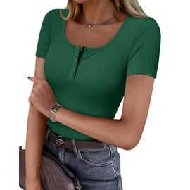 GKBK Womens Summer Tops Short Sleeve Henley Shirts Ribbed Knit Scoop Neck Tshirt Casual Basic Slim Tee Forest Green XXL