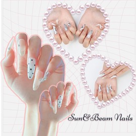 Sun&Beam Nails Handmade Press-on Long Amlond Silver Nude Beige White Rhinestone Dot glossy Design Fashion False Nail Tips 10 Pcs Set (#183 S)