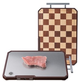 Fyctio Titanium Cutting Board, Double Sided Pure Titanium and Wood Cuttings Board for Kitchen, Checkered Chopping Board with Handle and Stand, Charcuterie Board for Meat, Fruit, Vegetable, 15”×10”