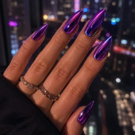 Press on Nails - Medium Almond Fake Nails with Purple Chrome, Acrylic Bling Design 24 pcs