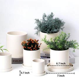 Braque Ceramic Plant Saucer 7 Inch, 2 Pack Round Matte White Flower Plant Saucers for Holding Water Drips and Soil, Ceramic Drainage Tray for Plant Pots, Include Silicone Feet Protect Surface