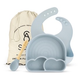 All In One Silicone Baby Feeding Set By SofiAl - Safe for 6-12 Months - Non-Toxic Baby Led Weaning Supplies, Suction Plate Or Bowl, Bib, Spoon & Gift Bag - BPA-Free - Mess Free Baby Feeding Essentials