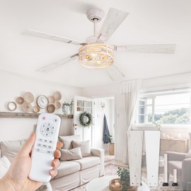 Farmhouse Ceiling Fans with Light, 48 Inch Bedroom Ceiling Fan with Lights, 6-Speed Adjustable, Quiet and Reversible DC Motor, 5 Dual Finish Blades, Rustic Caged Ceiling Fan，White and Gold Color