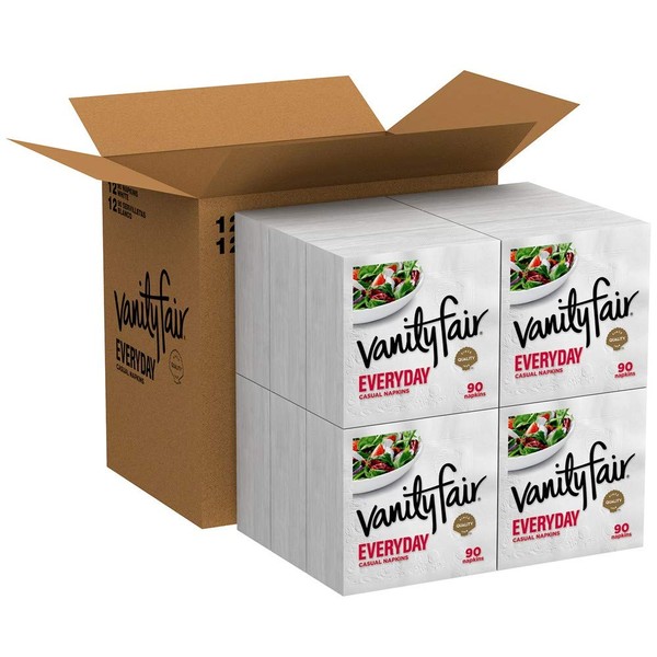 Vanity Fair Everyday Napkins, 1080 Count, White Paper Napkins, 90 Count (Pack of 12)