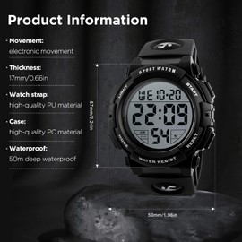 kieyeeno Men's Digital Sports Watches, 50 m Waterproof Sports Outdoor Watch with LED Light, Alarm, Calendar, Stopwatch, 12/24 Hours Dual Time Zone, black, Sports