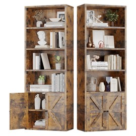 oneinmil 6 Tier Bookshelves and Bookcase with Doors Industrial Set of 2 Double Wide Floor Standing Book Shelf 71" Tall Display Shelves Bookshelf with Storage Cabinets for Living Room, Brown