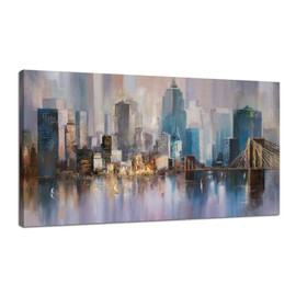 Canvas Wall Art City Skyline New York Painting Prints Modern Brooklyn Bridge Colorful Abstract Cityscape Picture Stretched and Framed for Bedroom Home Office Living Room Decor, 48"x24" One Panel