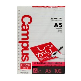 Kokuyo Campus Loose Leaf Paper for Binders, Shikkari Firm Writing, A5, A 7mm Ruled, 20 Holes, 24 Lines, 100 Sheets, pH Neutral, Bleed Resistant, 77gsm, Japan Import (NO-807A)