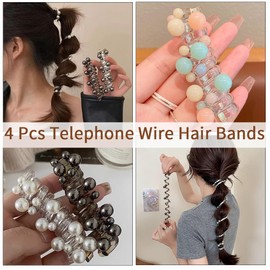 4 Pcs Pearl Telephone Wire Hair Bands Colorful Artificial Pearl Hair Ties for Ponytail Holder Phone Cord Spiral Hairbands for Women Girls Wedding Birthday Daily Use Elastic Accessory