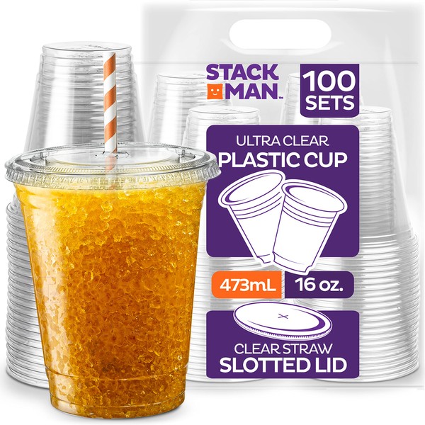 16 oz Clear Plastic Cups with Straw-Slot Lids [100 Sets] PET Crystal Clear Disposable 16oz Plastic Cups with Lids - Crystal Clear, Durable Cup. BPA Free + Crack Resistant, for Coffee, Juice, Shakes