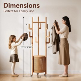 Solid Wood Coat Rack - Rolling Clothes Rack with Rattan Basket