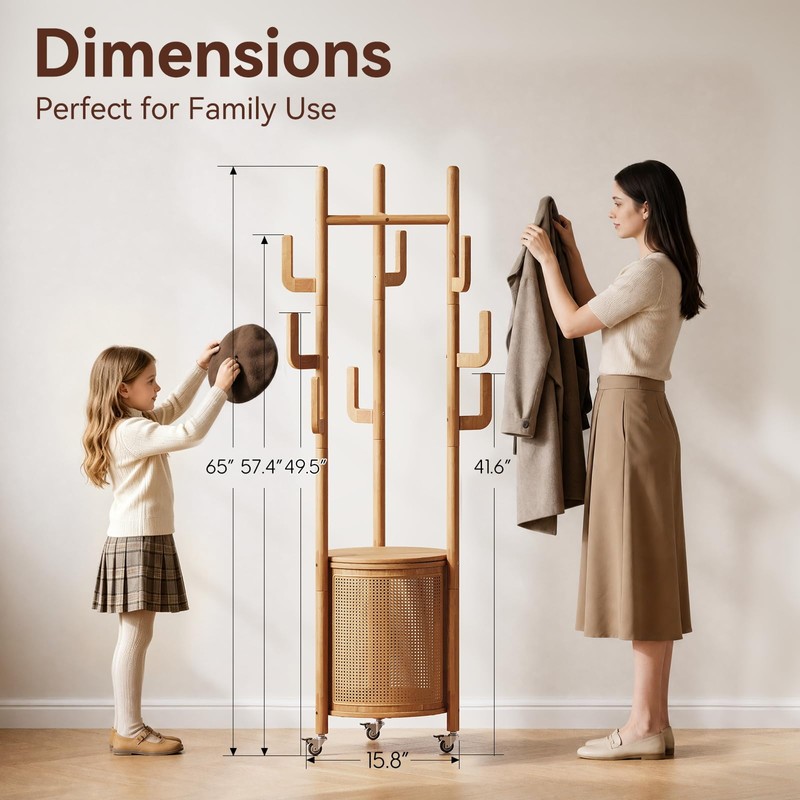 Solid Wood Coat Rack - Rolling Clothes Rack with Rattan