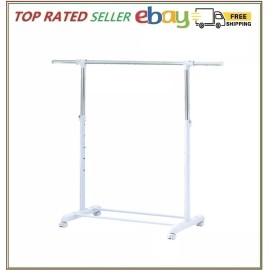 Mainstays Clothing Rail Adjustable Height Wheels Rolling Garment Rack Metal Chrome, White