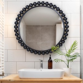 Hamilton Hills Black Circle Mirror - 33 x 33in - Chic Round Mirror for Living Room, Bathroom, Entryway, Vanity Decor -Dimensional Crystal Clear Beads Reflect Light -Home Wall Decor Mirror