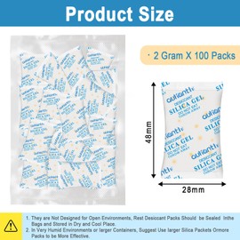 100 Pcs 2 Gram Silica Gel Packs，Food Grade Desiccant Packets with Color Indication, Desiccant Packs for Storage, Moisture Absorbers for Food, Jewelry, Shoes, Electronics Storage (100Pcs-2g)