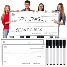 Honoson 2 Pcs Giant Check Dry Erase Big Check Large for Presentations with 6 Pcs Erasable Pens Oversized Award Endowment for Endowment Donations Fundraiser(16" x 32")