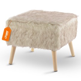 Cheer Collection 17" Square Ottoman | Super Soft Decorative Tan Wolf Faux Fur Foot Stool with Wood Legs