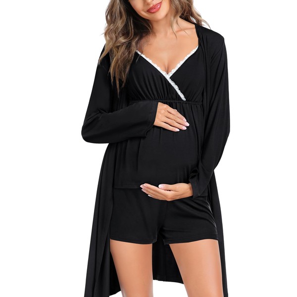 SWOMOG Womens Maternity Robe Set 3 Piece Nursing Pajamas for