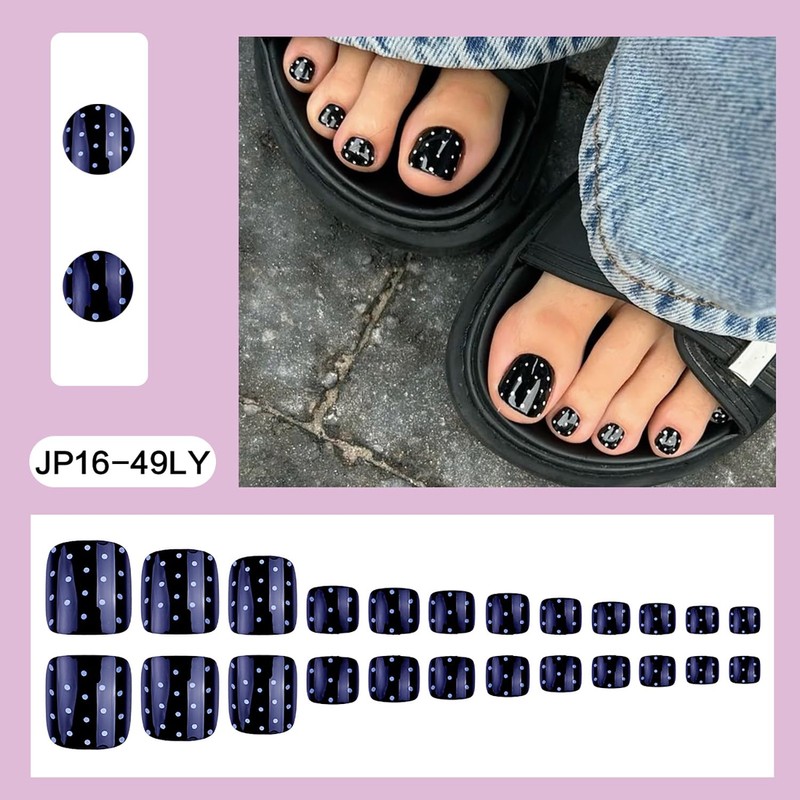 Polka Dot Press On Toenail Short Square Fake Toenails Black
