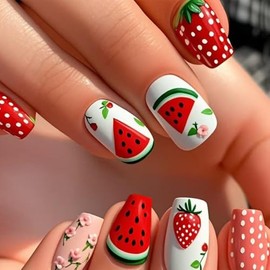Cute Summer Press on Nails Square Short Fake Nails Red Watermelon False Nails with Floral Dots Designs Strawberry Full Cover French Acrylic Nails Reusable Stick on Nails Kit for Women Girls 24Pcs
