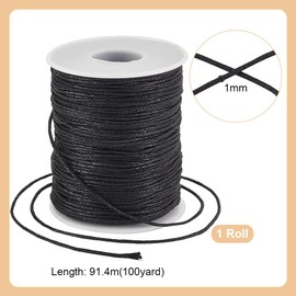 PH PandaHall 100 Yards 1mm Waxed Cotton Cord, Black Waxed String Beading Thread Roll Spool for Bracelet Necklace Jewelry Waist Beads DIY Crafts Making Macrame Supplies