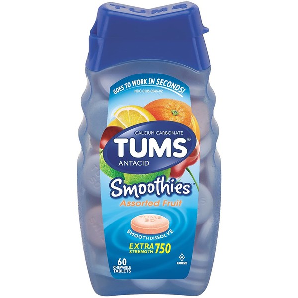 Tums Smoothies Assorted Fruit, Extra Strength 750, 60 Chewable Tablets