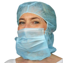 ARNOMED Astro Hood with 2-Layer Face Mask, Pack of 100, Hair Net Made of PP Fleece with Attached Mask in Blue, Head Cover with Elastic Band and Face Mask, Nurse & Care Accessories, Head Protection