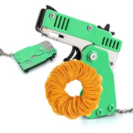 QKUDNGHY Kids Toys Cool Keychain Rubber Band Mini Metal Folding Rubber Launcher Toy with 60 Elastic Rubber Bands for Game Outdoor Activities (Green)