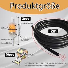 13 Stück Benzinschlauch 5mm Set, 2 Meter Kraftstoffschlauch mit 2 Benzinfiltern und 10 Schlauchschellen, Kraftstoffleitung für Motorrad, LKW, Kleine Motoren