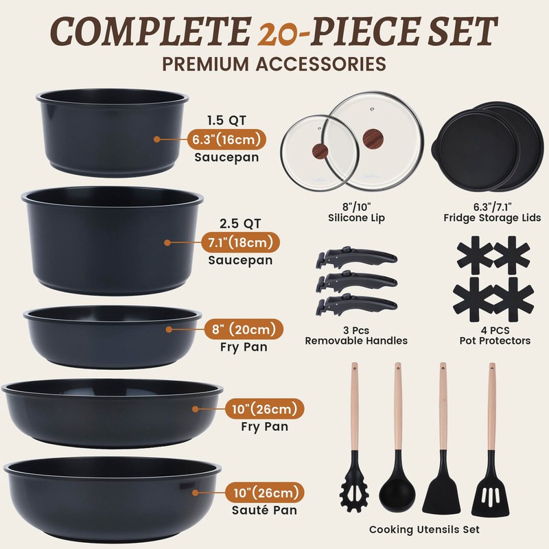 20-Piece Ceramic Nonstick Cookware Set | Detachable Handle, Stackable for