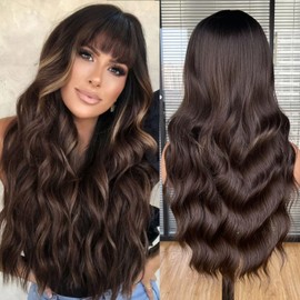 CoCrowns Wig with Bangs Long Wavy Wigs for Women Long Curly Synthetic Wig for Party Daily Use (Brown)