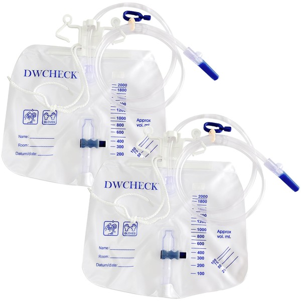 DWCHECK 2 Pack Urinary Drainage Bag with Anti-Reflux Chamber,2000mL Urine