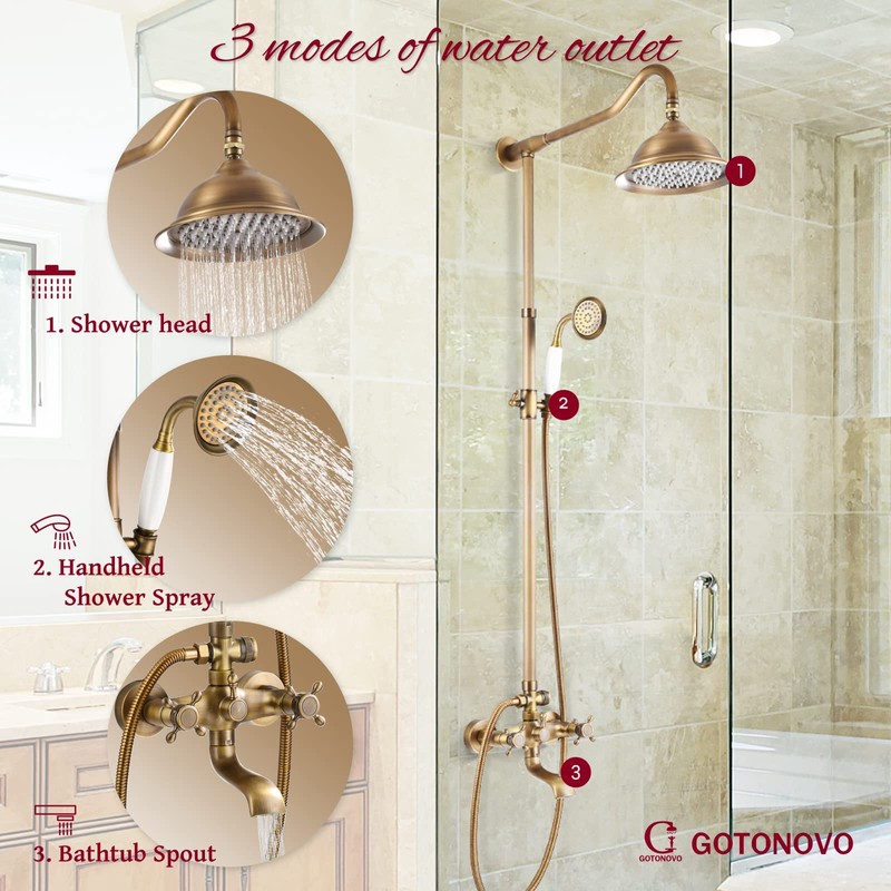 Gotonovo Exposed Antique Brass Shower System Set - 8" Rain