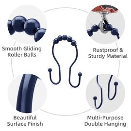 Bathway Shower Curtain Hooks, Shower Curtain Rings Rust Proof Navy Blue Double Hook Shower Curtain Hooks, 12 Pcs Shower Hooks for Shower Curtain, Shower Rings for Curtain, Metal Shower Rod Hooks