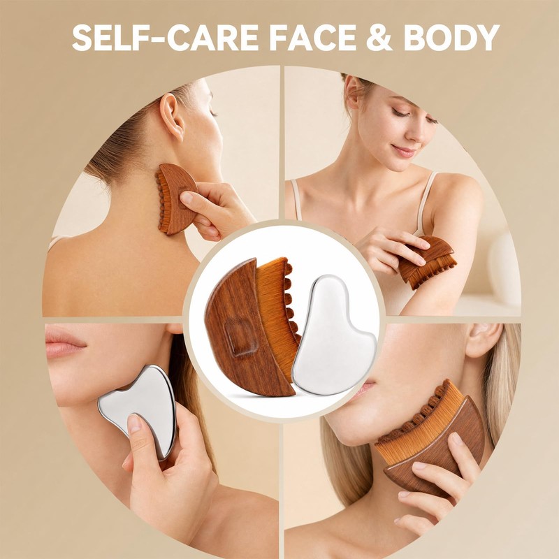 Wood Handle Lymphatic Contour Face Brush & Stainless Steel Gua