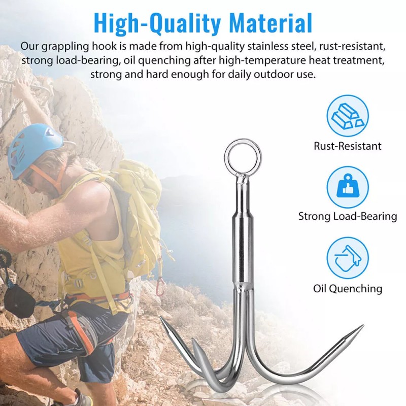 Unbranded Grappling Hook 3Claw Climbing Hook Stainless Steel Grapnel Hook
