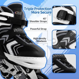 Adjustable Inline Skates for Boys, Blades Roller Skates for Kids Ages 8-12, Roller Skates with All Light up Wheels for Youth, Black White