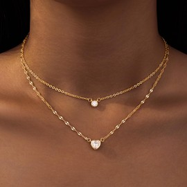 Dainty 14k Gold Plated Heart Necklace for Women, Layered Heart Necklace for Women Trendy, Minimalist Stackable Tiny Diamond Choker Necklace, Knot free Design