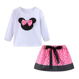 Mud Kingdom Girls Outfits Cute Cartoon Polka Dots Summer Holiday Clothes Sets, Pink Skirt Set Long Sleeve, 3T