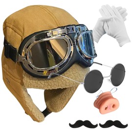 Maazusa Pig Nose Cosplay Costume Set, Pilot Style, Flight Cap, Sunglasses, Costume Set, Photo Prop, Halloween Parties, Events (Khaki)