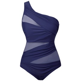 Runtlly Traje de baño de una pieza para mujer, de un hombro, talla grande, con estilo de malla transparente, Azul marino oscuro, L