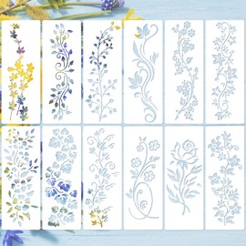 Tinoaly 12 Pcs Tree Leaf Vine Stencils, 12x4.5in Flower Painting Stencils Reusable Leaves & Floral Templates for Painting on Wood Walls Fabric Drawing DIY Craft Canvas Home Decor Wall Art