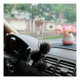 Ziciner Bling Diamond Heart Car Interior Accessories, Car Mirror Hanging Ornament for Women, Love Heart & Pink Plush Ball Decor Ornament Pendant, Car Hanging Decoration Charm Pendant (Black)